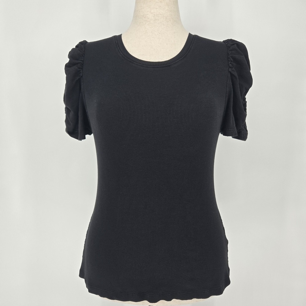 1.STATE Womens Black Ribbed Knit Puff Sleeve Crew Neck Cotton Top Size Large